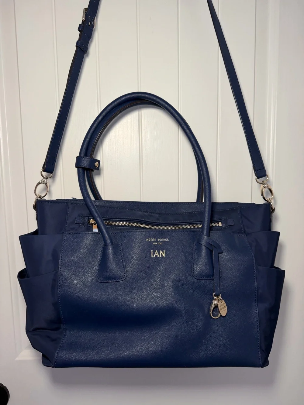 Henri Bendel West 57th navy blue diaper bag tote featuring saffiano leather